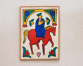 Original artwork handmade illustration in oil pastel inspired by Portuguese medieval art