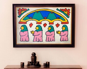 Original artwork handmade illustration in oil pastel inspired by Portuguese medieval art