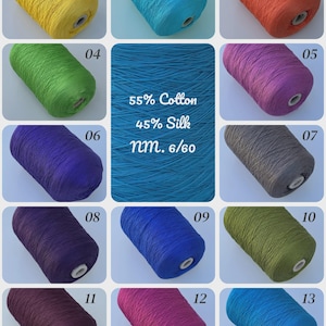 May include: A collection of thirteen yarn cones in various colors, including yellow, turquoise, orange, green, purple, gray, and blue. The center panel displays the text 55% Cotton, 45% Silk, nm. 6/60 over a textured blue background.