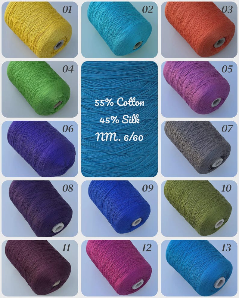 May include: A collection of thirteen yarn cones in various colors, including yellow, turquoise, orange, green, purple, gray, and blue. The center panel displays the text 55% Cotton, 45% Silk, nm. 6/60 over a textured blue background.