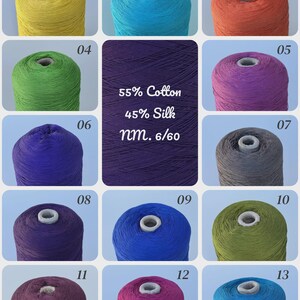 May include: Thirteen spools of yarn in various colors, including yellow, turquoise, orange, green, purple, blue, and gray. A central block displays the text 55% Cotton, 45% Silk, nm. 6/60. Each spool is numbered from 01 to 13 in the corner.