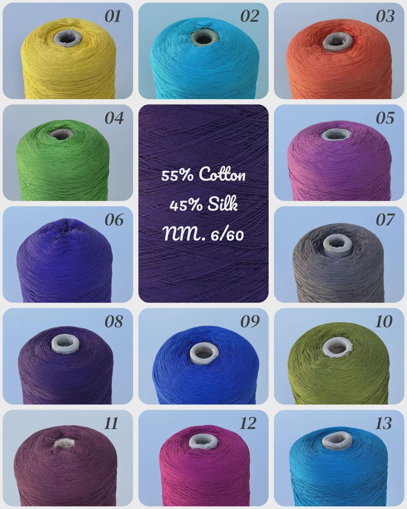 May include: Thirteen spools of yarn in various colors, including yellow, turquoise, orange, green, purple, blue, and gray. A central block displays the text 55% Cotton, 45% Silk, nm. 6/60. Each spool is numbered from 01 to 13 in the corner.