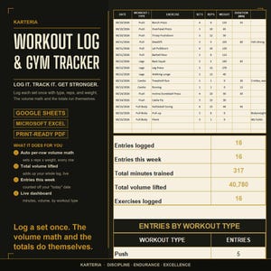 Workout Log Google Sheets and Excel, Gym Workout Tracker Spreadsheet, Exercise Log, Strength Training Tracker, Printable Journal