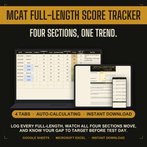 May include: A digital MCAT full-length score tracker displayed on a laptop, tablet, and smartphone. The spreadsheet features columns for date, provider, form number, and four test sections, with text reading MCAT FULL-LENGTH SCORE TRACKER.