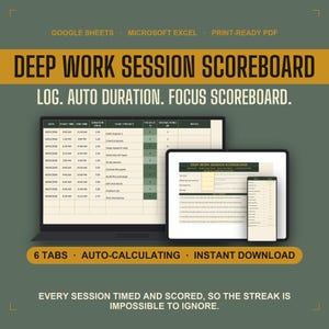 Deep Work Planner Google Sheets, Focus Tracker with Auto Duration and Streak Dashboard, Printable Productivity Session Log, Time Blocking