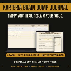 May include: A digital Karteria Brain Dump Journal displayed on a laptop, tablet, and smartphone screen. The interface features task lists with priority, due date, and status columns, alongside instructional text for organizing thoughts and daily tasks.