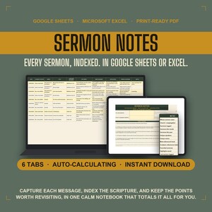 Sermon Notes Template Google Sheets and Excel, Church Sermon Journal Notebook, Bible Scripture Index and Note Tracker, Sermon Note Taking