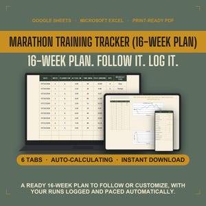 Planilha do Google com Plano de Treinamento para Maratona, Acompanhamento de Maratona de 16 Semanas com Ritmo Automático e Registro de Corridas, Planilha de Cronograma de Treinamento para Maratona para Imprimir