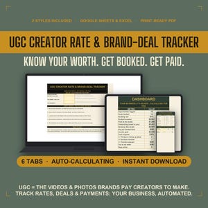 UGC Creator Tracker Google Sheets, Brand Deal Rate Card, Quote + Invoice + Pitch Tracker for Content Creators, Excel + PDF, Ugc Template