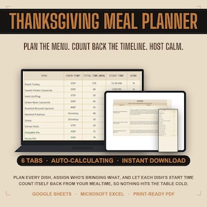 Op de afbeelding: Een digitale Thanksgiving maaltijdplanner weergegeven op een laptop, tablet en smartphone. Het scherm toont een tabel met kolommen voor het gerecht, de oventemperatuur in Fahrenheit, de totale tijd in minuten, de starttijd en de status.