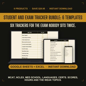Könnte beinhalten: Ein digitales Studenten- und Prüfungstracker-Paket mit sechs Vorlagen für Google Sheets und Excel. Die Anzeige zeigt einen Laptop, ein Tablet und ein Smartphone mit Datentabellen, die Metriken wie Lernstunden, Streaks und Prüfungsergebnisse verfolgen.