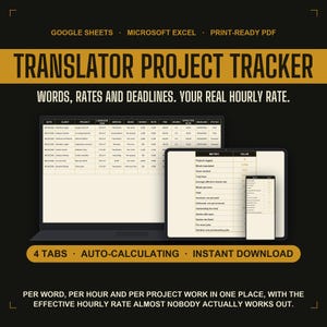 Translator Project Tracker Google Sheets, Freelance Translation Job Log with Effective Hourly Rate, Printable Word Count and Invoice Record