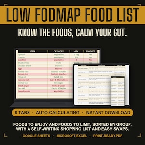 May include: A digital Low FODMAP food list tracker displayed on a laptop, tablet, and smartphone. The interface features tables with categories, quantities, and shopping status. Text includes 'LOW FODMAP FOOD LIST', 'KNOW THE FOODS, CALM YOUR GUT', '6 TABS', 'AUTO-CALCULATING', 'INSTANT DOWNLOAD', and 'GOOGLE SHEETS, MICROSOFT EXCEL, PRINT-READY PDF'.