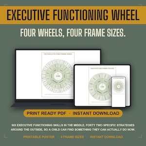 May include: A digital display showing the Executive Functioning Wheel, a circular chart with the text I CAN in the center, surrounded by six core skills and forty-two strategies. The display includes a laptop, tablet, and smartphone showing the PDF.