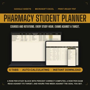 Studentenplanner Farmacie (Google Sheets), studielogboek voor PharmD met percentage correcte antwoorden en examendoelstellingen, stage- en cursusoverzicht