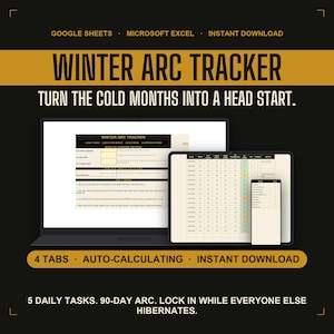 Winter Arc Tracker | 90 Day Discipline and Habit Challenge Planner | Google Sheets Excel Printable PDF, Self Improvement | Instant Download