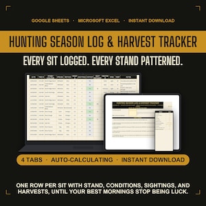 Hunting Log Book | Deer Hunting Journal and Harvest Tracker Spreadsheet | Google Sheets Excel Printable PDF, Hunting Gift | Instant Download