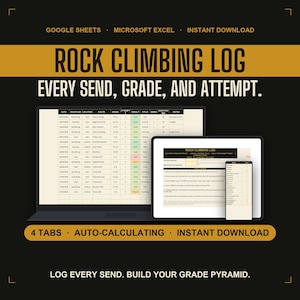Kletterprotokoll | Boulder- und Routen-Tracker mit Schwierigkeitsgradpyramide | Google Sheets, Excel, druckbares PDF | Sofort-Download