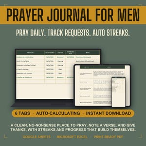 Journal de prières pour hommes, agenda de prières quotidiennes, suivi des versets bibliques et de la gratitude, registre des prières exaucées, Google Sheets Excel