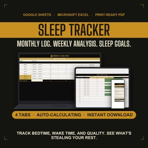 Sleep Tracker Spreadsheet| Auto-Calculate Hours, Quality, Weekly Analysis Digital Download