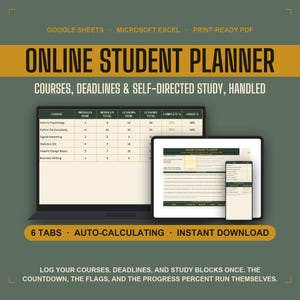 Online Student Planner, Distance Learning Deadline Tracker and Course Progress Spreadsheet for Google Sheets & Excel, Digital Planner