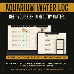 Aquarium Water Log | Fish Tank Water Test and Parameter Tracker | Google Sheets Excel Printable PDF | Instant Download