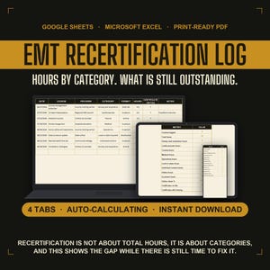 EMT Recertification Log Google Sheets, Continuing Education Hours Tracker by Category, Printable EMS CE Record