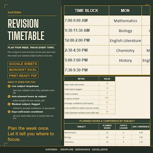 May include: A dark green revision timetable template featuring a weekly time block schedule, a metric tracker for exam countdowns, and a planned hours and confidence table by subject. Text includes KARTERIA, REVISION TIMETABLE, and subject names.