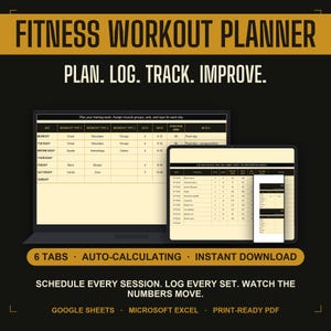 Workout Planner Google Sheets, Gym Log with Progressive Overload Tracker & Body Measurement Chart, Printable PDF Excel Template