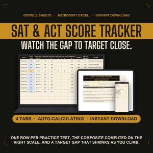 SAT ACT Score Tracker | Practice Test Log with Target Gap Dashboard | Google Sheets Excel Printable PDF, Sat Prep | Instant Download