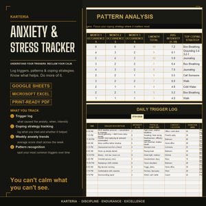 May include: Anxiety and stress tracker digital template with a black background and gold text. It features a pattern analysis table, a daily trigger log, and sections for tracking triggers, coping strategies, and trends for Google Sheets and Excel.