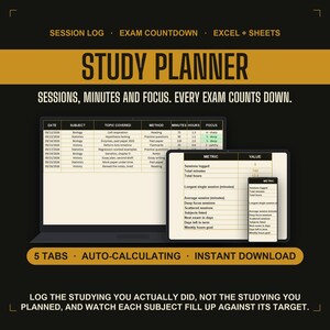 Study Planner Spreadsheet, Revision Tracker with Exam Countdown and Study Session Log, Student Study Hours Tracker, Google Sheets and Excel