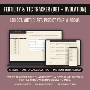 Op de afbeelding: Een digitale vruchtbaarheids- en TTC-tracker weergegeven op een laptop, tablet en smartphone. De schermen tonen BBT-grafieken, ovulatiegegevens en instructietabellen. De tekst bevat FERTILITY & TTC TRACKER (BBT + OVULATION), LOG BBT. AUTO CHART. PREDICT YOUR WINDOW., 6 TABS, AUTO-CALCULATING, INSTANT DOWNLOAD en GOOGLE SHEETS, MICROSOFT EXCEL, PRINT-READY PDF.