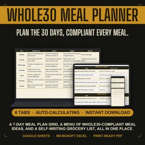 Whole30 Meal Planner | 30 Day Compliant Meal Plan | Google Sheets Excel Printable PDF, Whole30 Diet, Whole30 Program | Instant Download