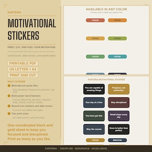 Motivational Stickers, Print and Cut Sticker Sheet, Black and Gold Quote Tiles and Power Word Banners for Planners, US Letter A4