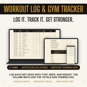 Trainingslogboek in Google Sheets en Excel, spreadsheet voor het bijhouden van fitnessoefeningen, oefenlogboek, krachttrainingstracker, printbaar dagboek