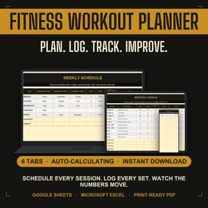Trainingsplanner voor Google Sheets, trainingslogboek met progressieve overbelastingstracker en lichaamsmeetgrafiek, afdrukbaar PDF- en Excel-sjabloon