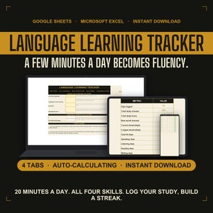 Language Learning Tracker | Daily Study Vocabulary and Fluency Streak Log | Google Sheets Excel Printable PDF | Instant Download