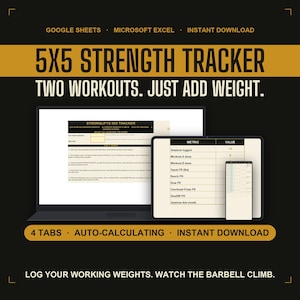 5x5 Strength Tracker | Barbell Program and Lifting Progress Log | Squat Bench Deadlift Log | Google Sheets Excel Printable PDF