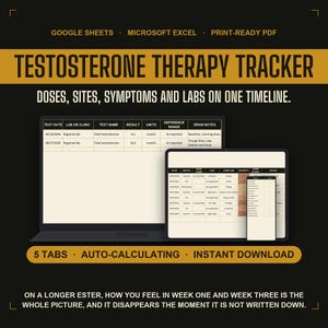 Hoja de cálculo de Google para el seguimiento de la terapia de testosterona, registro de dosis, sitio de administración y síntomas de la TRT con registro de resultados de laboratorio, diario hormonal imprimible