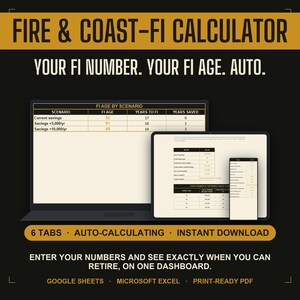 FIRE Calculator Google Sheets, Financial Independence and Coast Fire Spreadsheet, Early Retirement Number, Printable Retirement Calculator
