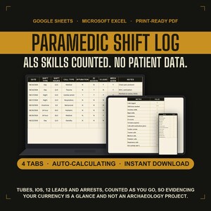 Paramedic Shift Log Google Sheets, ALS Skills Currency Tracker with Intubation and IO Counts, Printable EMS Call Log