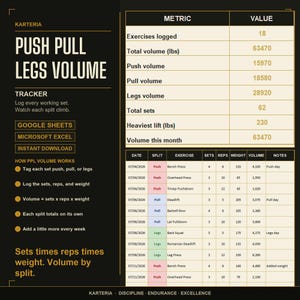 Push Pull Legs Volume Tracker | Hypertrophy Workout Volume Log | Google Sheets Excel Printable PDF | Instant Download