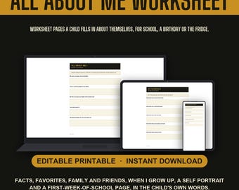 All About Me Worksheet Printable, 9 Fillable Pages for Kids with Favorites, Family, When I Grow Up, Self Portrait and School Page