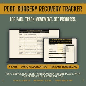 Post Surgery Recovery Tracker | Pain and Healing Log After Surgery | Google Sheets Excel Printable PDF, Surgery Planner | Instant Download