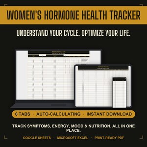 Op de afbeelding: Een digitale hormoongezondheidstracker weergegeven op een laptop, tablet en smartphone. De tekst luidt: WOMEN'S HORMONE HEALTH TRACKER, UNDERSTAND YOUR CYCLE. OPTIMIZE YOUR LIFE., 6 TABS, AUTO-CALCULATING, INSTANT DOWNLOAD, TRACK SYMPTOMS, ENERGY, MOOD & NUTRITION. ALL IN ONE PLACE., GOOGLE SHEETS, MICROSOFT EXCEL, PRINT-READY PDF.