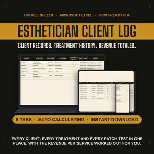 Esthetician Client Log Google Sheets, Treatment History and Revenue Tracker with Patch Test Record, Printable Skincare Studio Log