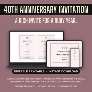 40th Anniversary Invitation Printable | Editable Ruby Wedding Anniversary Invite | 5x7 Card, Anniversary Party | Instant Download