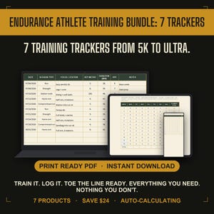 May include: Endurance athlete training bundle featuring 7 trackers for 5k to ultra distances. Includes a laptop, tablet, and smartphone displaying training logs, session types, and weekly schedules. Text includes Print Ready PDF, Instant Download.
