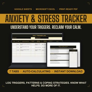 Hoja de cálculo de Google para el seguimiento de la ansiedad / Registro de desencadenantes del estado de ánimo y el estrés / Habilidades de afrontamiento / Diario de salud mental / Descarga en PDF imprimible